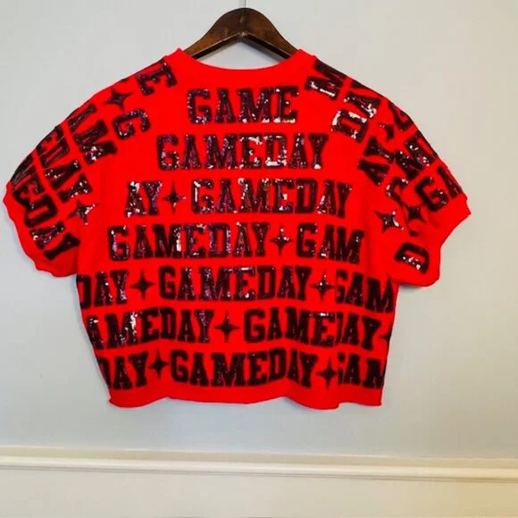 Queen of Sparkles QOS Sequin Game Day Sweatshirt Boxy Crop Fit Red/Black Small - Picture 6 of 7